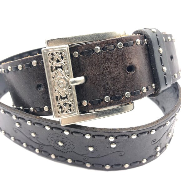 Dark Brown Almost Black Belt floral design silver tone studs filigree buckle L main image 7